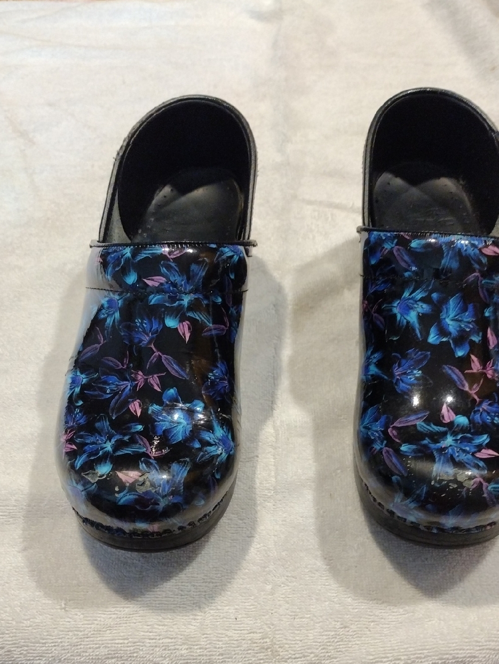 Dansko Black Floral Patent Clogs - Blue & Purple Flower Print